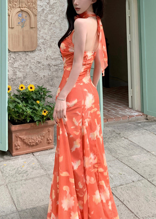 Robe longue orange sans manches à lacets et imprimé fantaisie en mousseline de soie