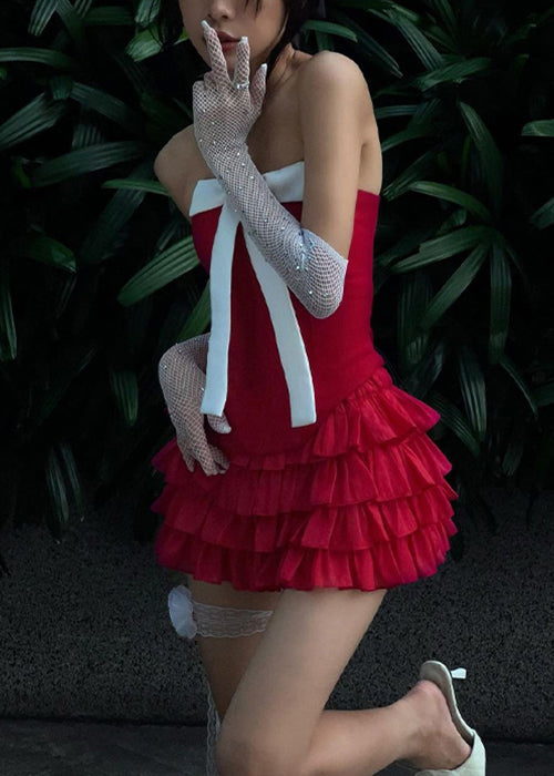 Novelty Red Cold Shoulder Bow Cotton Two Pieces Set Sleeveless KK087
