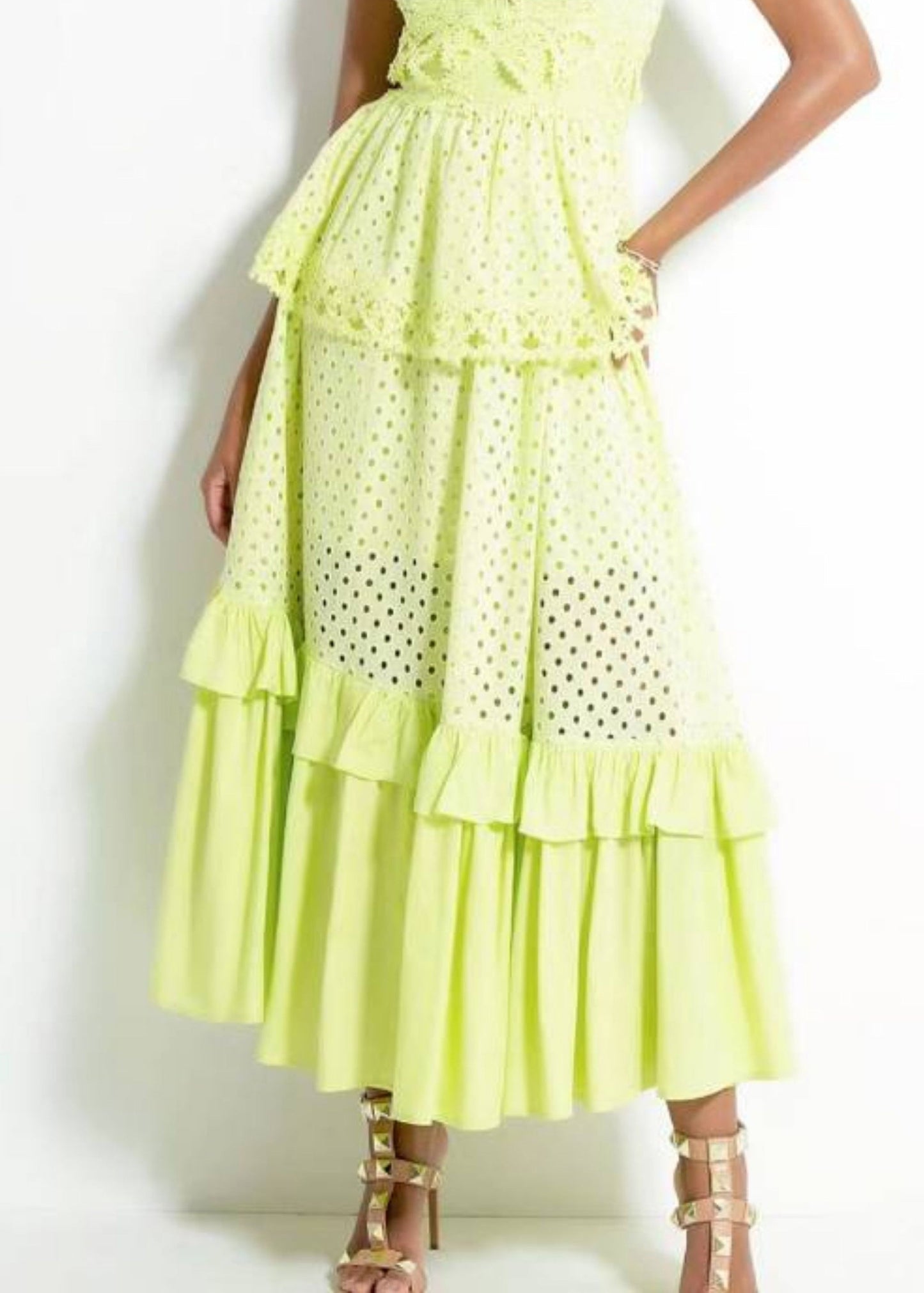 Novelty Yellow V Neck Hollow Out Cotton Spaghetti Strap Dress Sleeveless WW1053