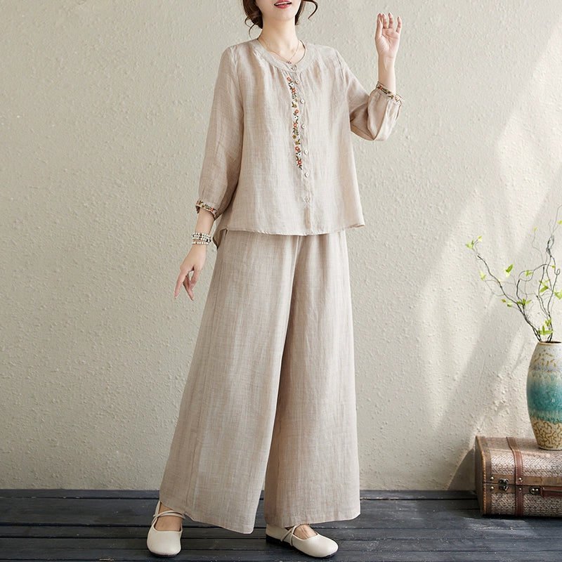 French Champagne Oversized Patchwork Linen Silk 2 Piece Outfit Summer SD1081