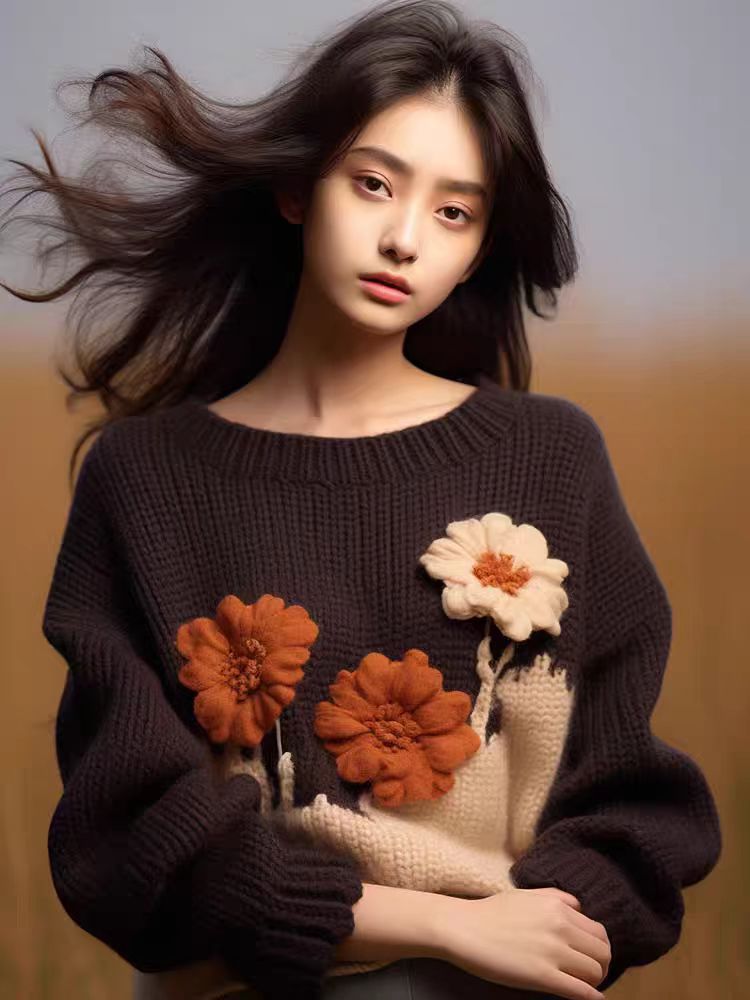 Floral Brown O Neck Cotton Knit Sweaters Fall ML3297