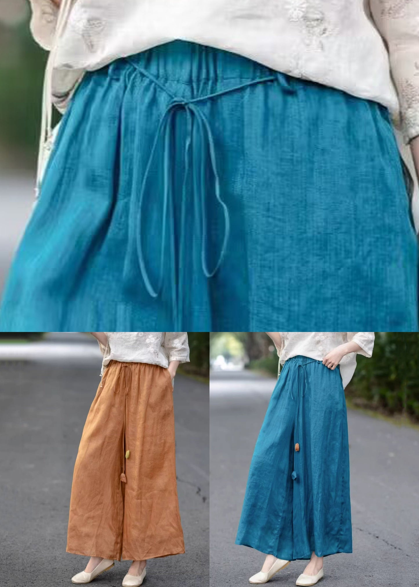 Solid Elastic Cotton Orange Pants Pockets Crop Summer Waist