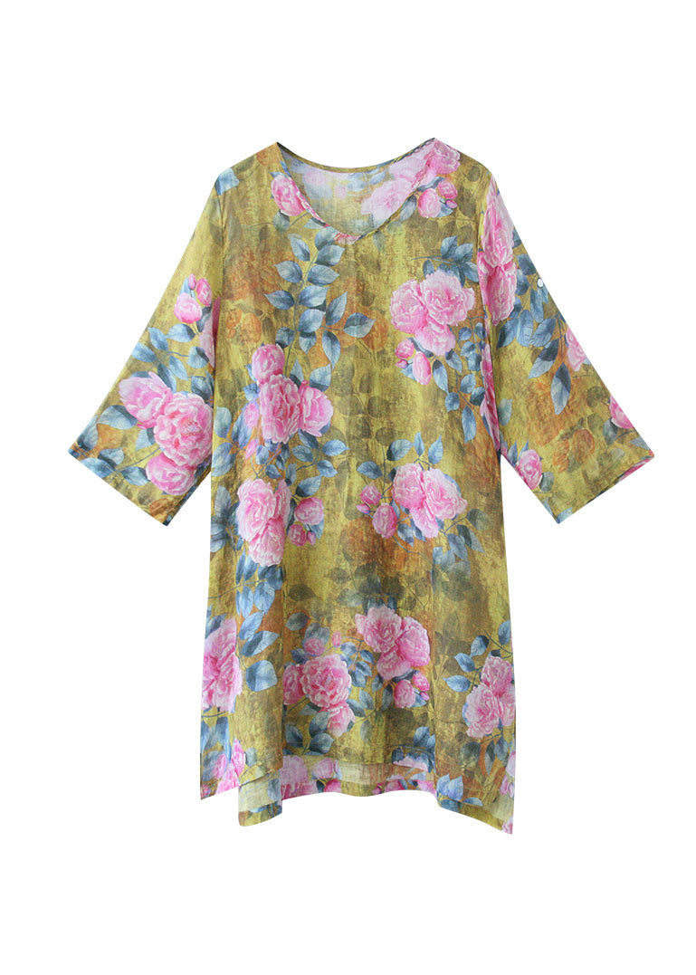Organic Yellow O Neck Print Linen Top Bracelet Sleeve AP096