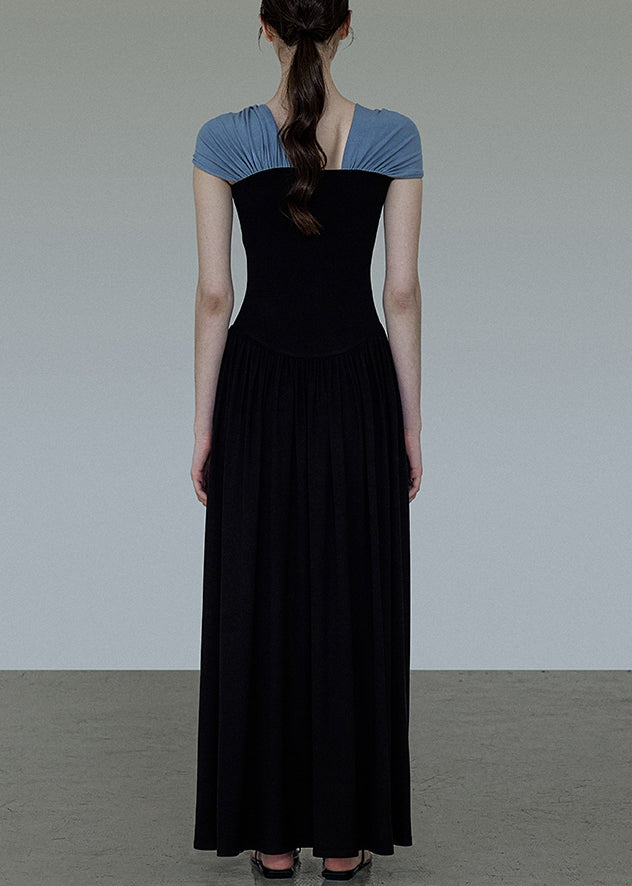 Cotton Wrinkled Neck Dress Long Patchwork Slash Original Black