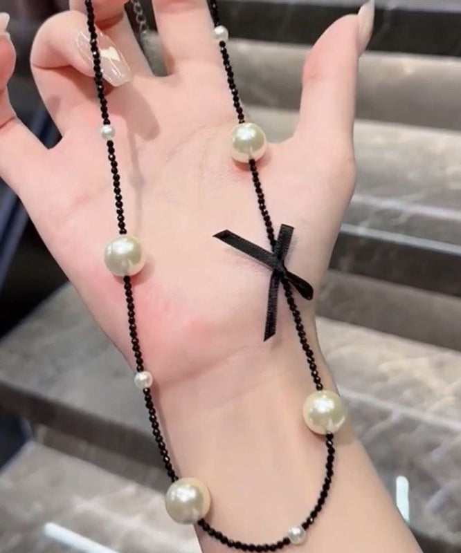 Original Black Stainless Steel Pearl Beading Bow Necklace YD021