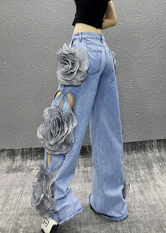 Pantalon large en denim bleu à motif floral ajouré, design original, automne RI035