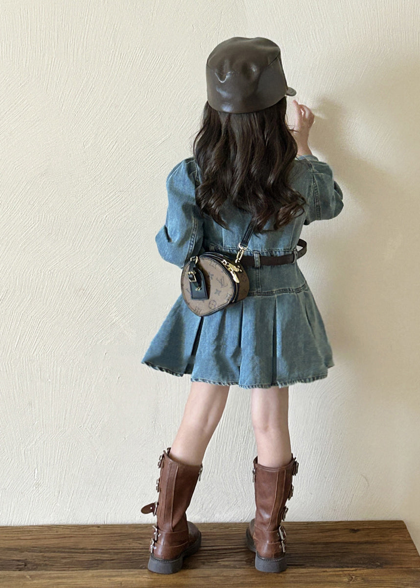 Robe mi-longue en jean bleu à col Peter Pan et boutons pour fille, design original, printemps TV039