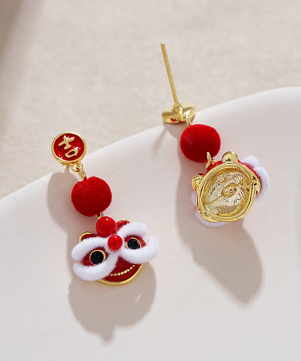 Boucles d'oreilles pendantes en velours de soie et cuivre rouge orange, design original, style danse du lion, TS013