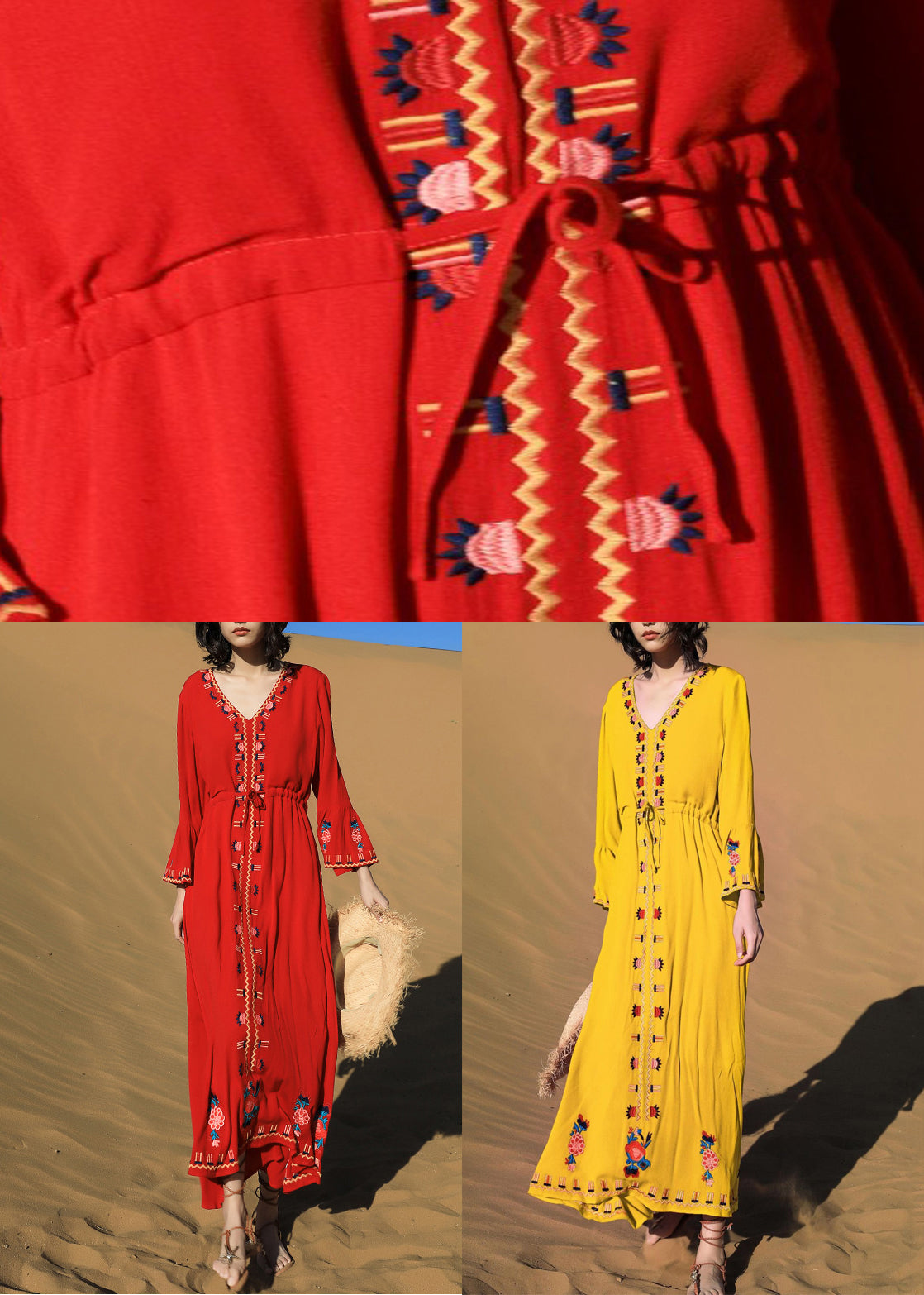 Robes longues taille brodées cravate rouge coton automne original
