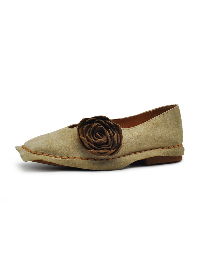 Chaussures rétro en daim abricot plates à fleurs carrées à bout original