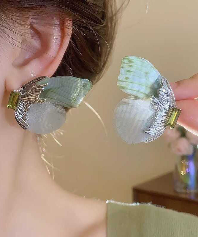 Übergroße hellgrüne Ohrstecker aus Sterlingsilber mit Zirkonia-Schmetterling, RA013