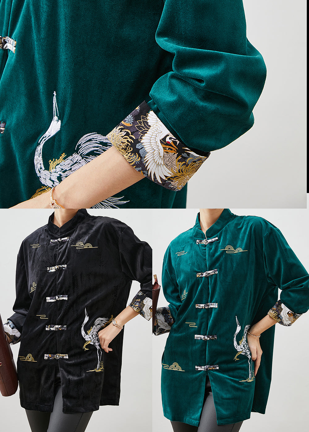 Peacock Green Velour Shirts Embroidered Chinese Button Spring YU1059