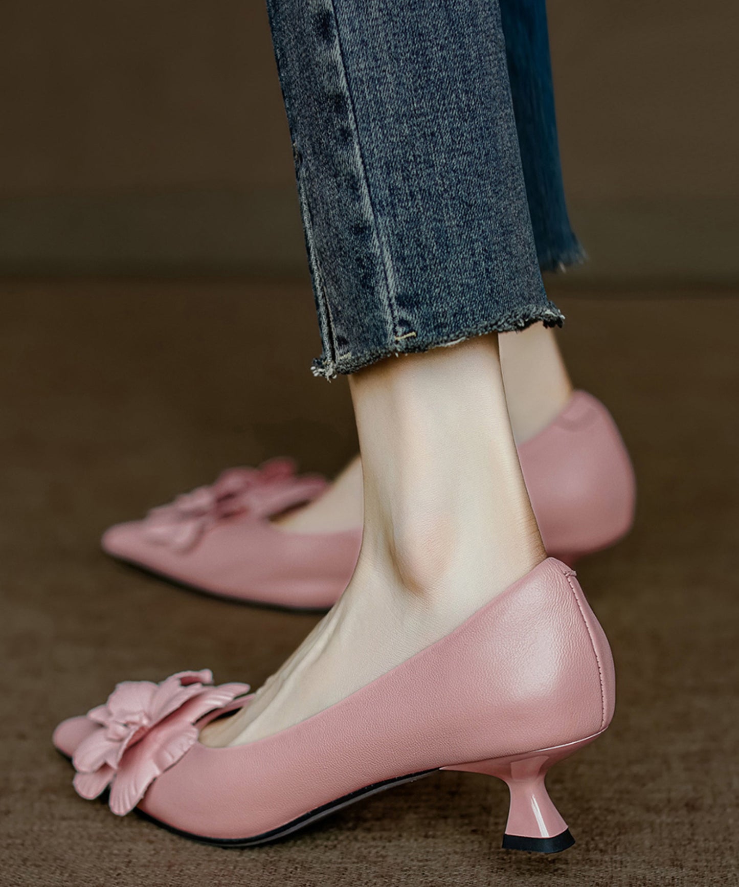Heel High Toe Sheepskin Pink Pointed Floral Unique Splicing