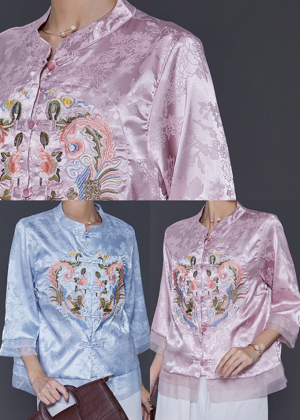 Chemise en soie jacquard rose de style chinois brodée printemps SD1078