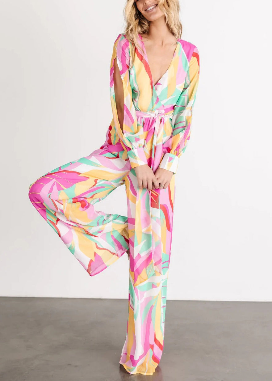 Rosa Chiffon-Jumpsuits mit Schnürung und hoher Taille, V-Ausschnitt, Herbst AU1006