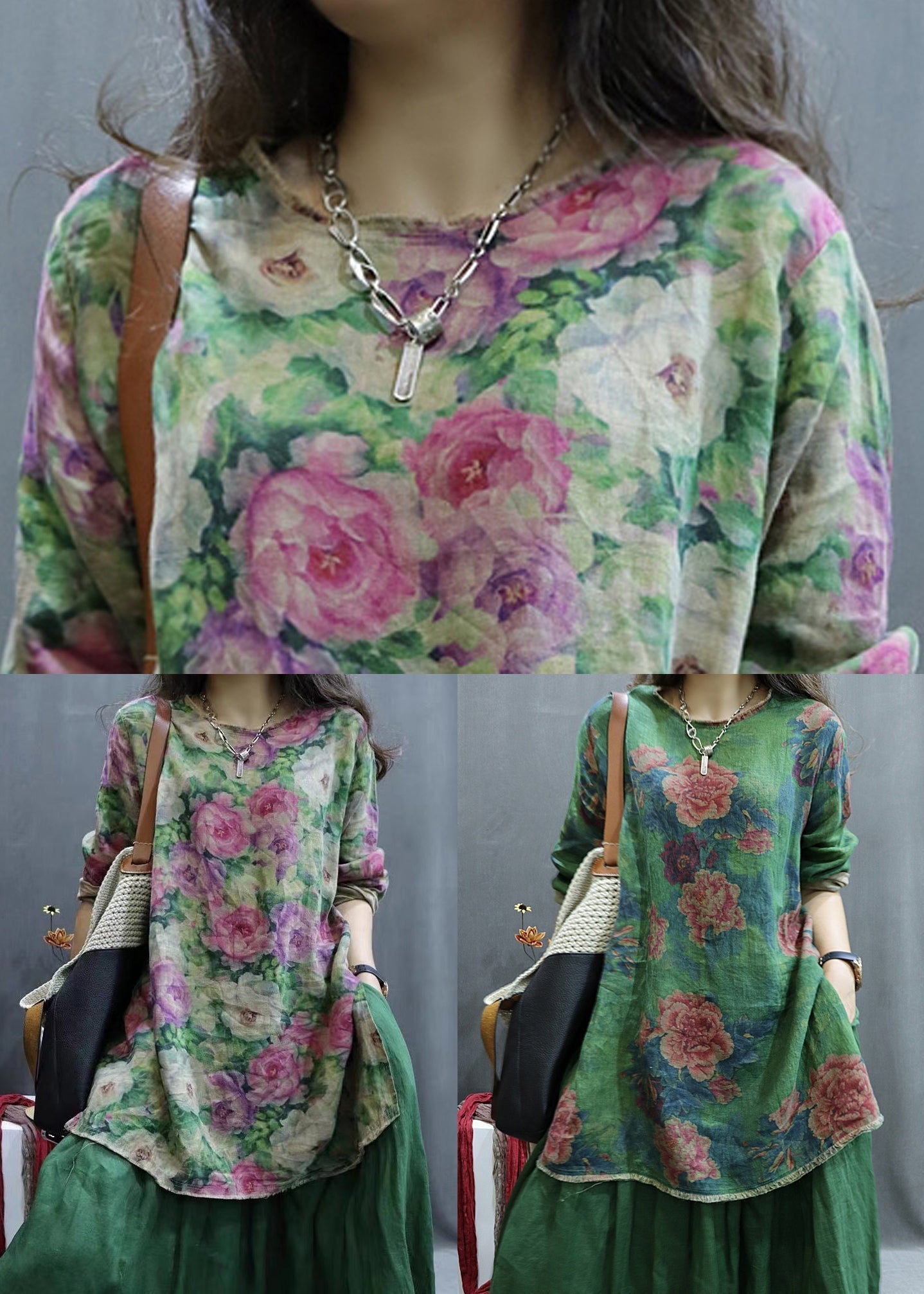 Chemise en lin rose à col rond et manches longues GG039