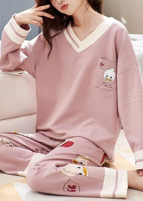 Pajamas Cotton Set Two-Piece Neck Pink Patchwork Pockets V Print