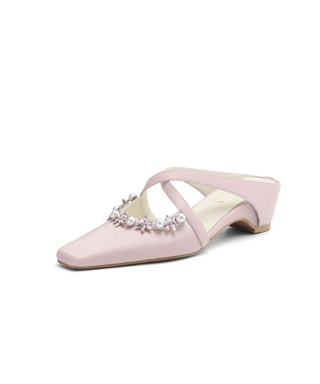 Wedge Nail Pink Sheepskin Elegant Splicing Sandals Slide Zircon