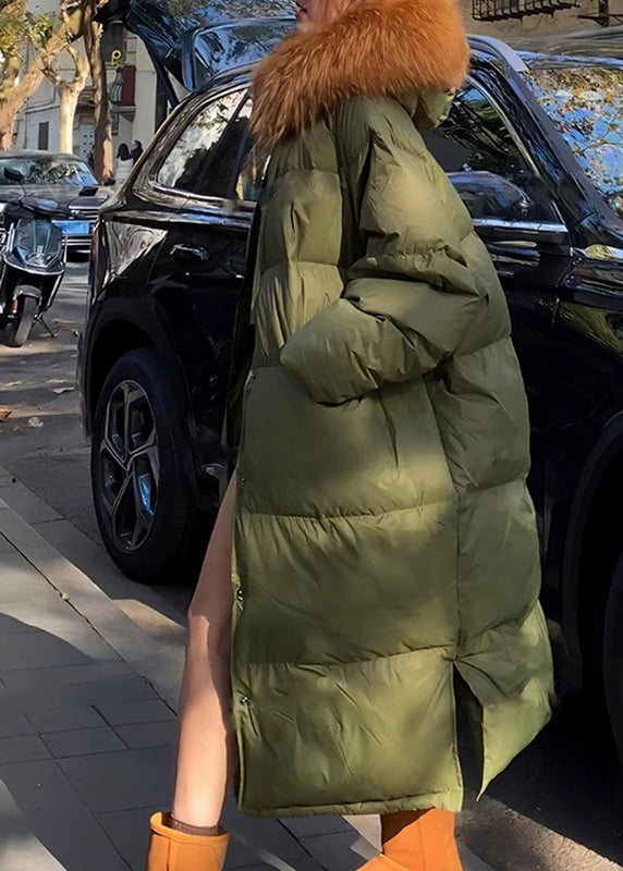 Übergröße Armeegrün Waschbärhaar Knopfkragen Langer Parka Winter RD20