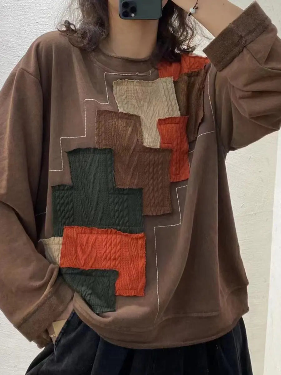 Plus Size Autumn Women Vintage Patchwork Loose Sweatshirt Ada Fashion