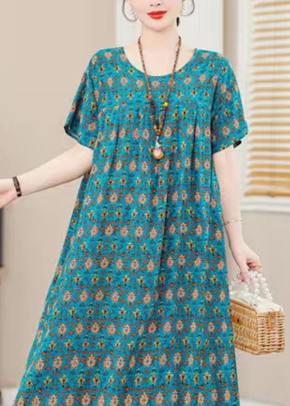 Plus Size Blaues O-Ausschnitt-Druck-Ferien-Langkleid Kurzarm QB022