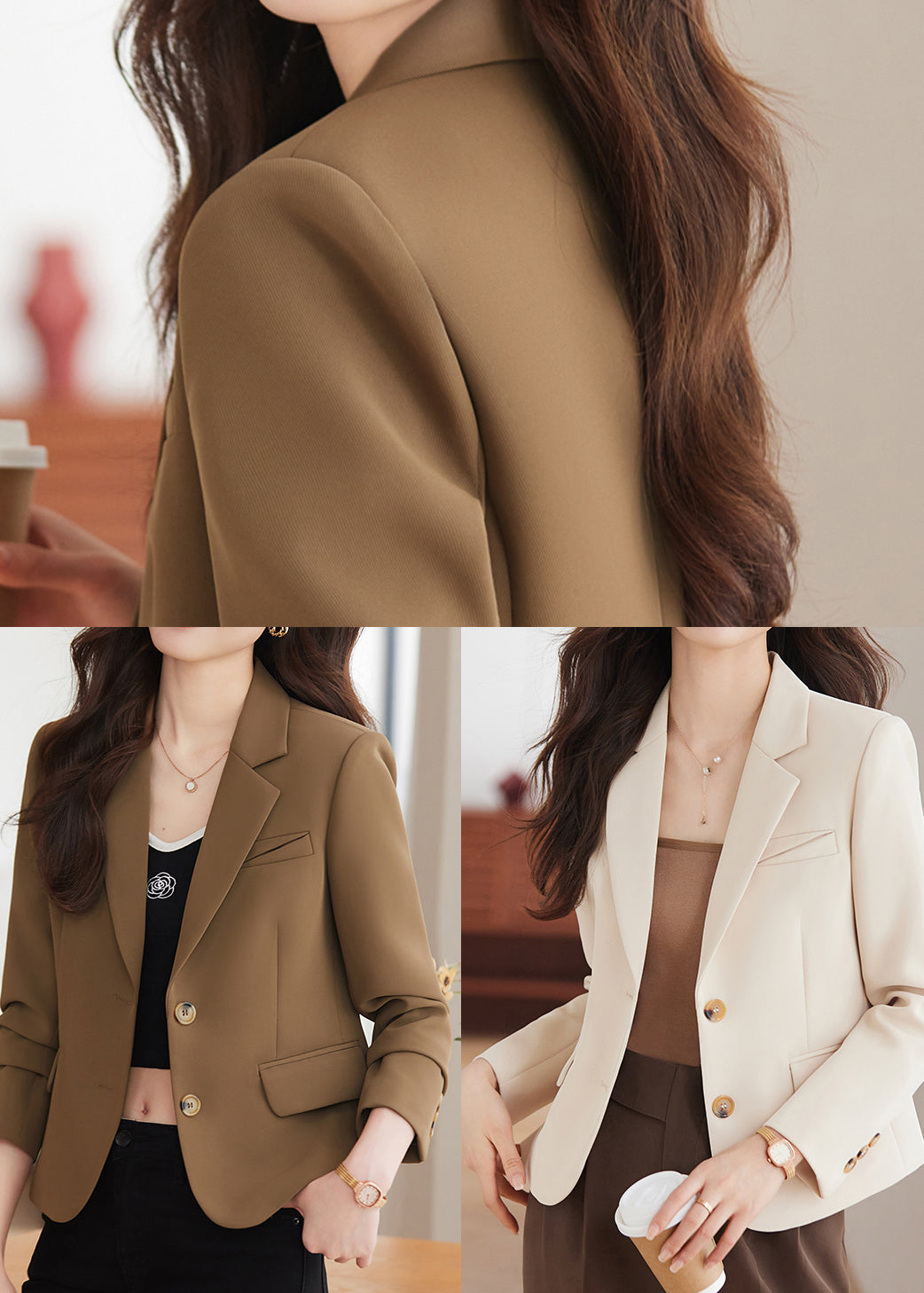 Plus Size Brown Notched Cotton Short Coats Spring YJ014