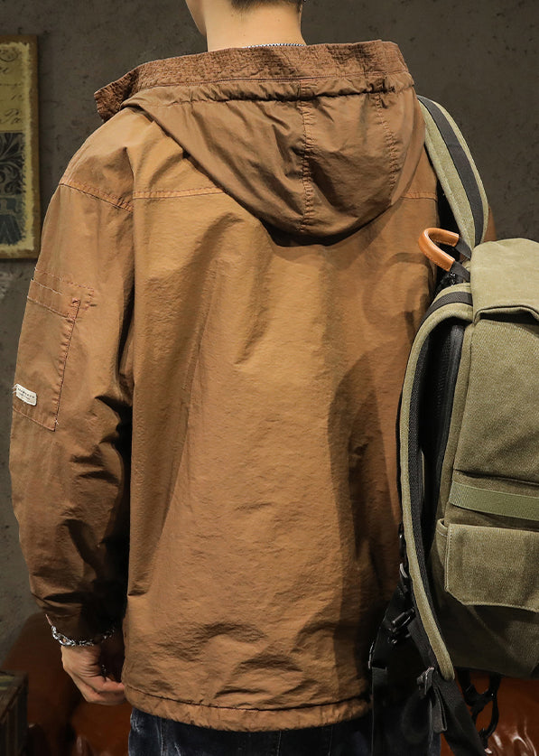 Manteau à capuche en coton uni caramel avec cordon de serrage pour homme