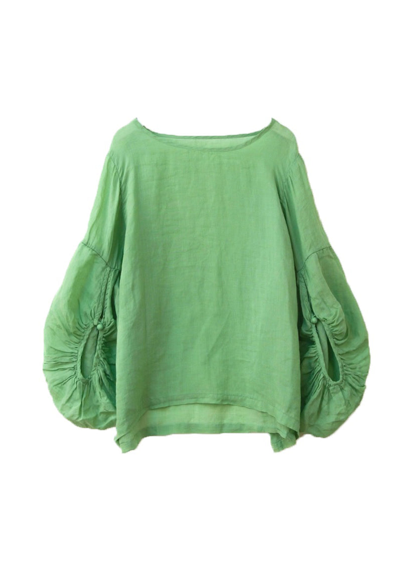 Plus Size Grasgrün O-Ausschnitt Patchwork Baumwolltop Laternenärmel QK017