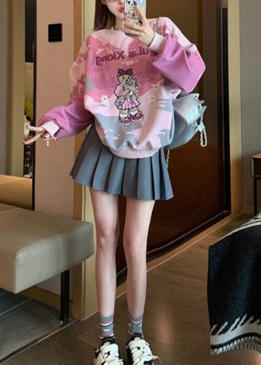 Plus Size Rosa O-Ausschnitt Bestickter Tie Dye Baumwollpullover Streetwear Frühling YF002