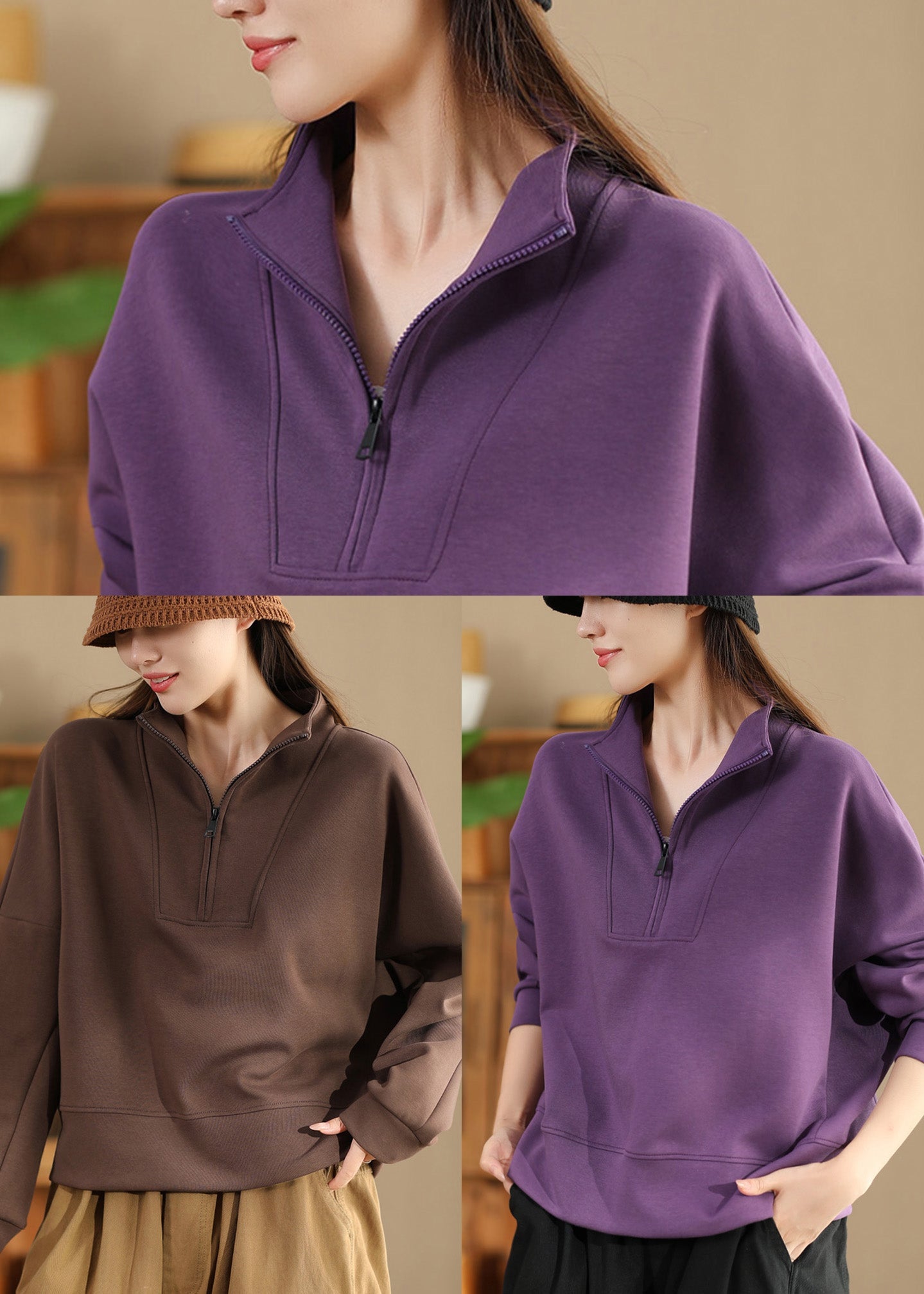 Pull en coton violet grande taille avec fermeture éclair, style streetwear, printemps TM043