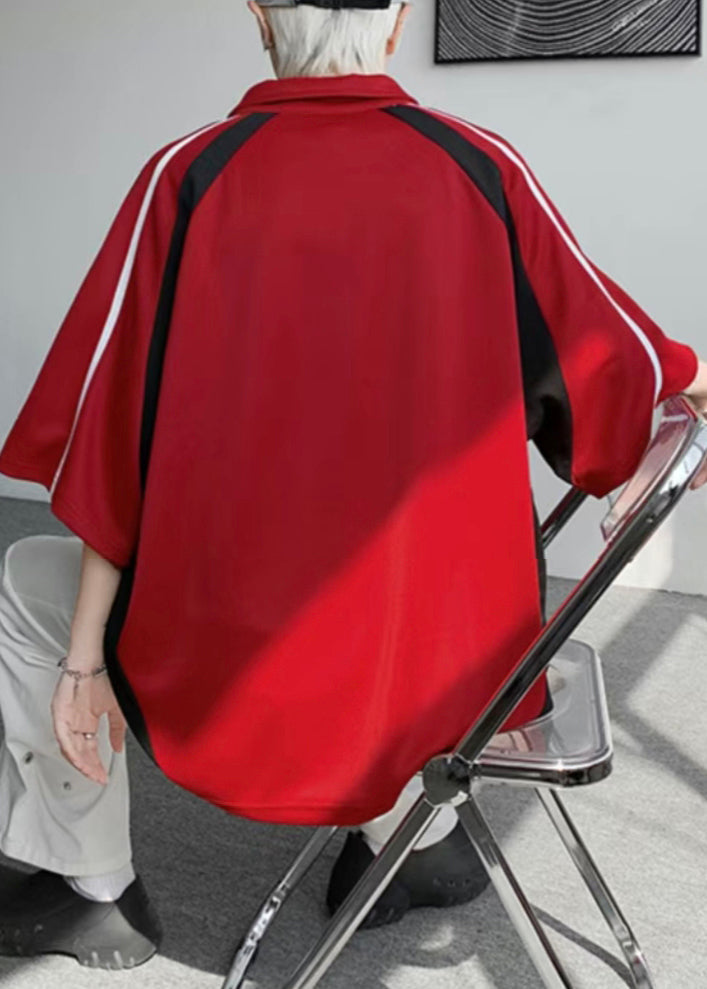 Chemise boutonnée en coton patchwork demi-lettre pour homme, grande taille, polo rouge