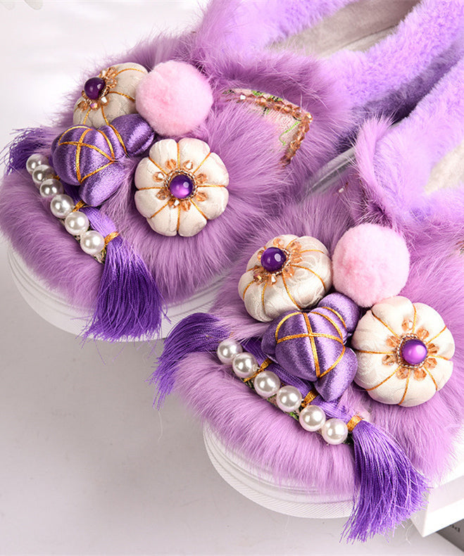 Purple Retro Handmade Fuzzy Wool Lined Splicing Platform Flats TQ055