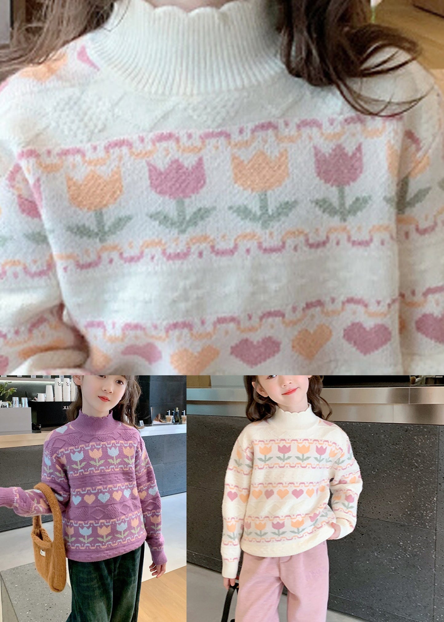 Pull col roulé violet en tricot de coton imprimé pour enfant, printemps TP040