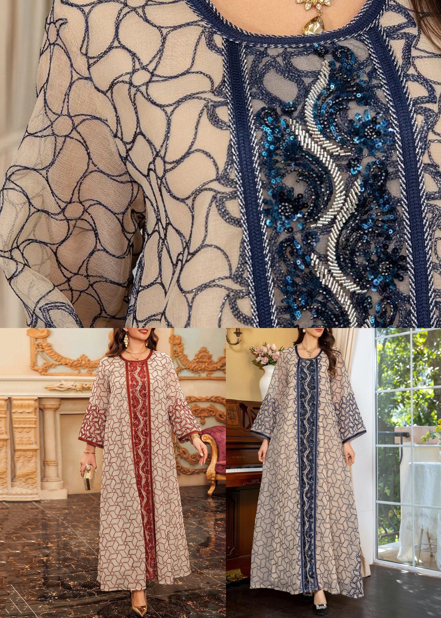 Robe longue d'automne en tulle brodé rouge à col rond QL019