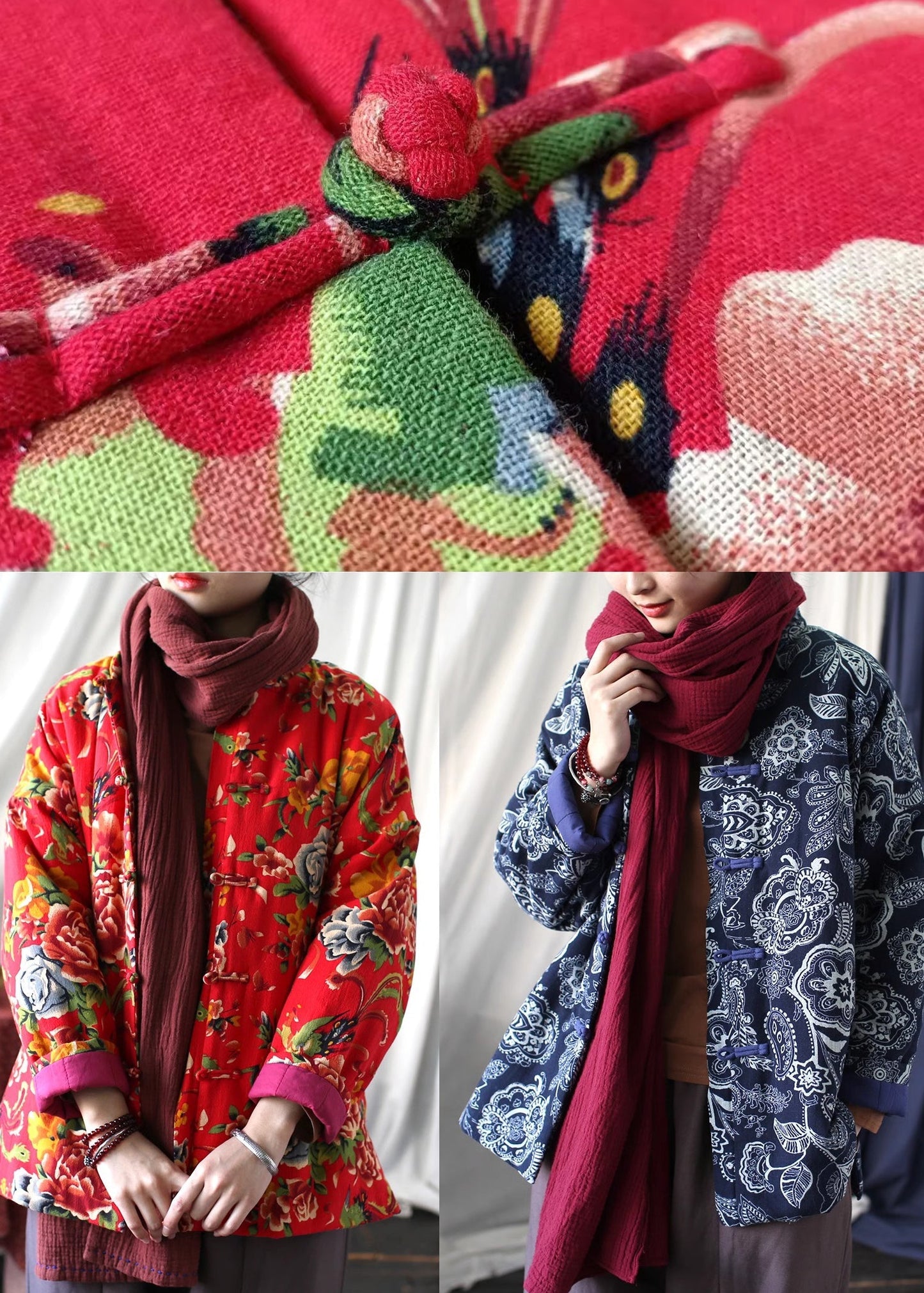 Vestes en coton fin à imprimé rouge, bouton chinois, printemps TI037