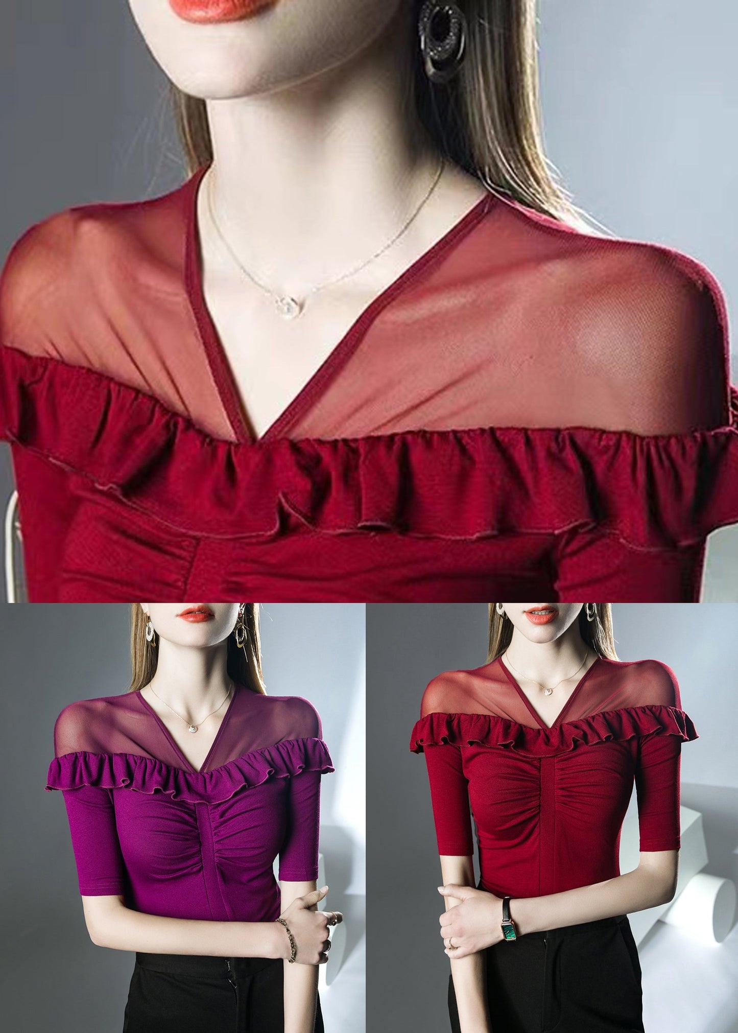 Rotes, einfarbiges Patchwork-Baumwoll-T-Shirt mit V-Ausschnitt, Sommer AL1038