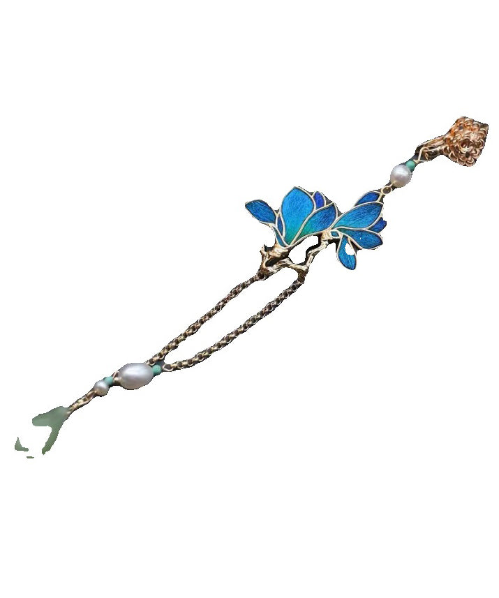 Broche à pampilles rétro en argent sterling bleu surdoré avec perle Magnolia Denudata RA025