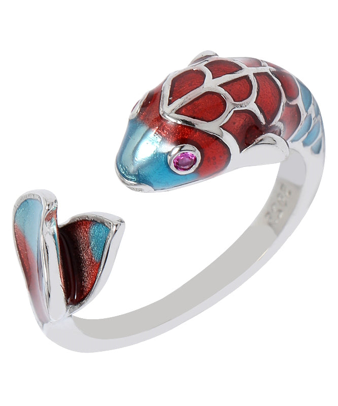 Bague ouverte en argent sterling avec motif carpe cloisonné et brocart rétro colorblock YI018