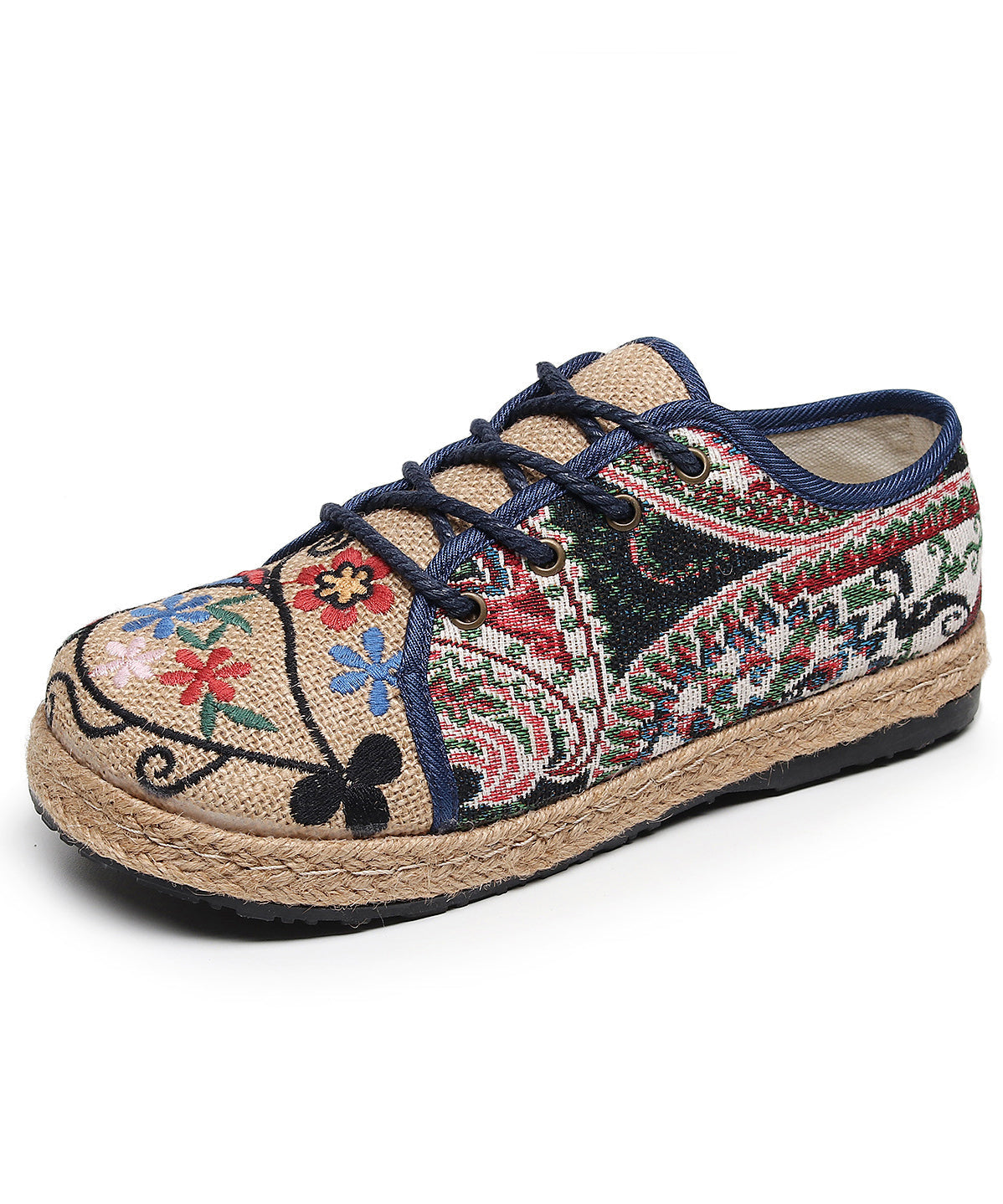 Chaussures plates à lacets brodées en lin de style ethnique rétro XC1041