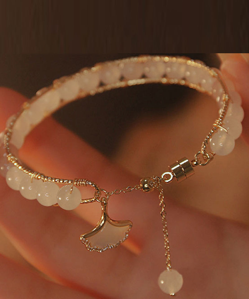 Retro Gold Sterling Silber Legierung Ginkgo Blätter Perlen Quaste Bettelarmband WF018