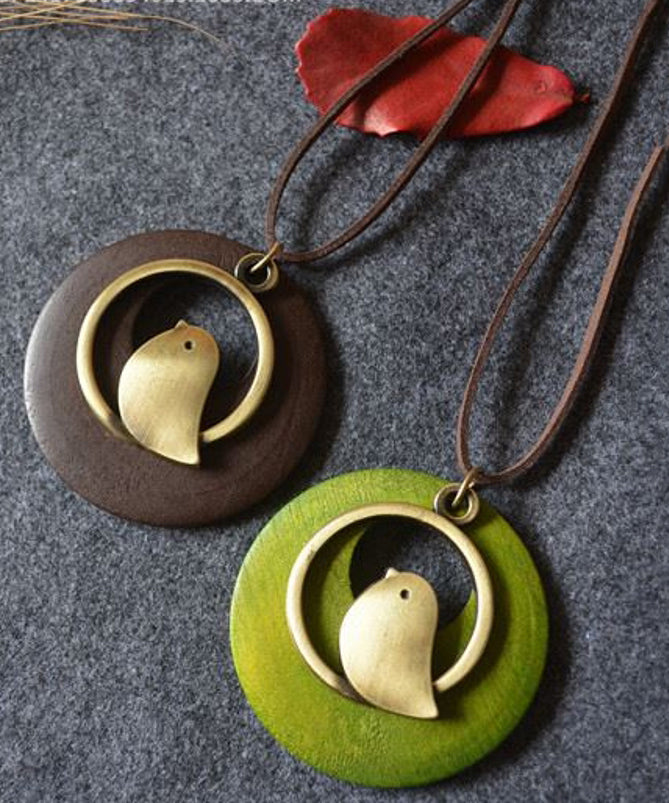 Collier pendentif petit oiseau en tissu de coton vert rétro YI008