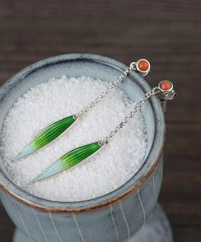 Retro Green Sterling Silver Agate Cloisonne Enamel Bamboo Leaf Drop Earrings QQ057