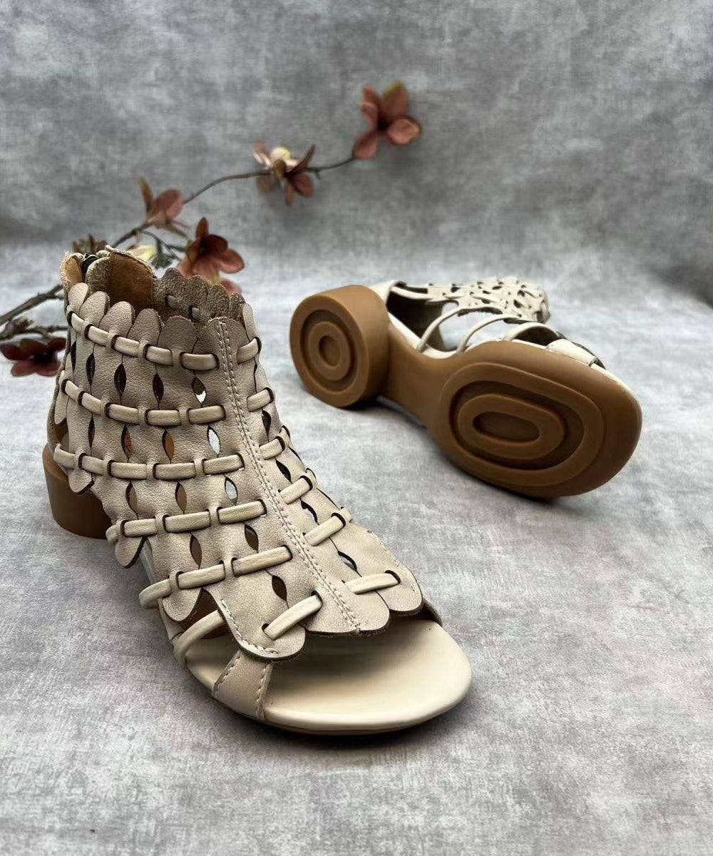 Retro Hollow Out Chunky Sandalen Braunes Rindsleder RT1004