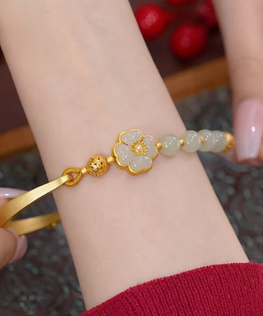 Retro Hellgrün Sterling Silber Overgilt Jade Blumen Charm Armband QU005