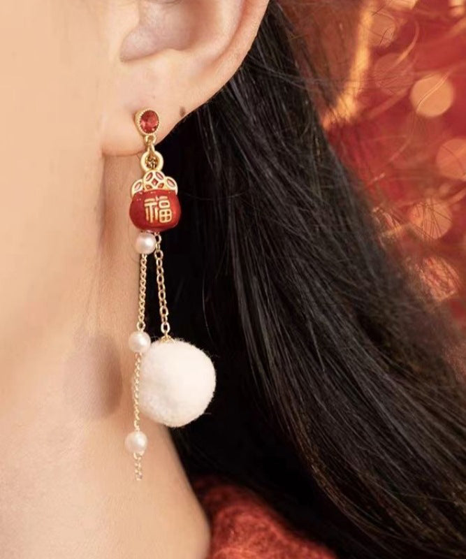 Boucles d'oreilles pendantes asymétriques en cuivre rouge rétro avec perles, motif chat porte-bonheur, nuages de bon augure, YD040
