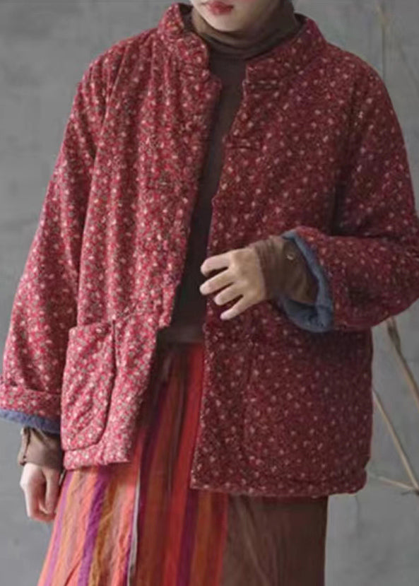 Manteau d'hiver en coton avec poches boutonnées et imprimé rétro rouge QG029