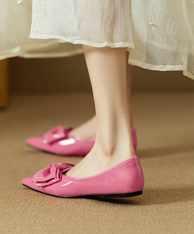 Leather Pointed Flat Shoes Rose Splicing Faux Toe Fitted Bow