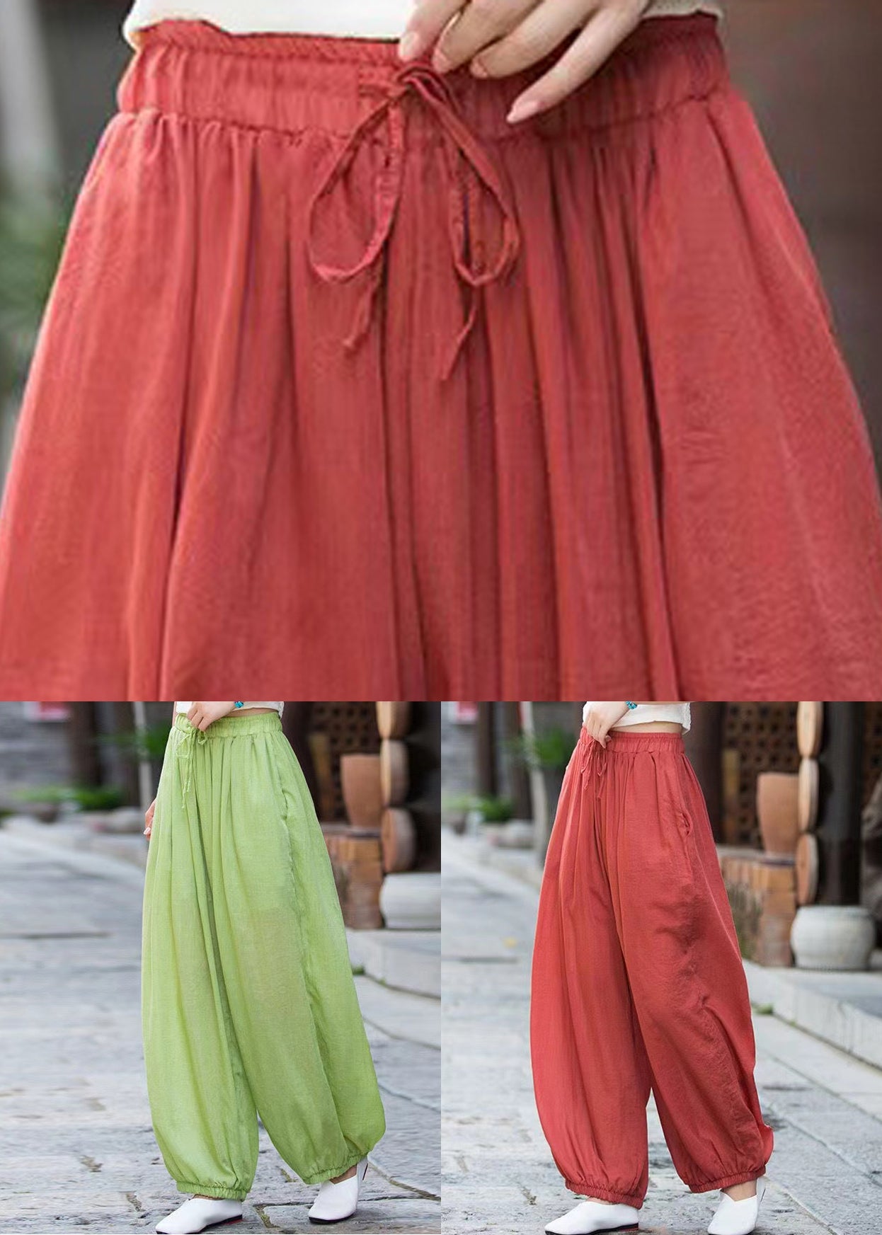 Rostfarbene, einfarbige Leinen-Crop-Hose mit Schnürung und elastischer Taille QE053