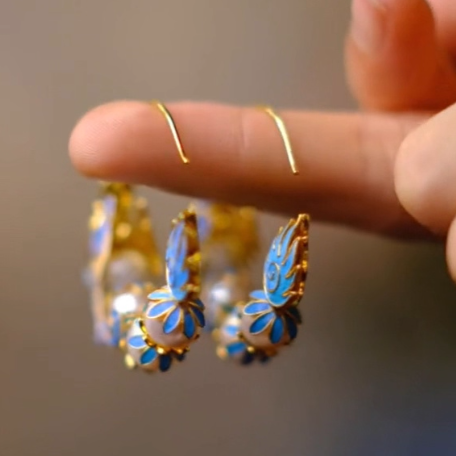 Retro Blue Overgild Agate Pearl Enamel Dragon Shaped Hoop Earrings WQ005