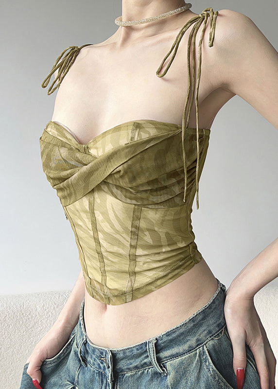 Gilet court sexy en tulle vert à bretelles spaghetti